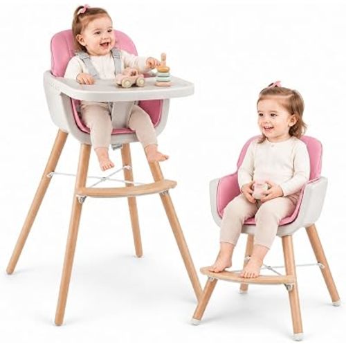 HONEY JOY Baby High Chair, 6-in-1 Eat & Grow Wooden Highchair/Toddler Chair with Removable Tray, 5-Point Harness, PU Cushion and Footrest, Convertible High Chair for Babies and Toddlers(Pink)