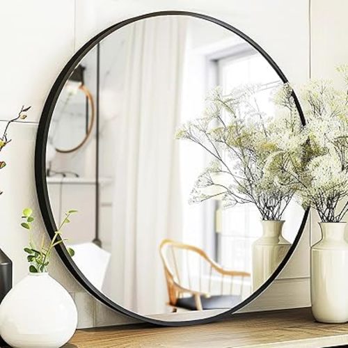 Black Round Mirror, Round Mirror 24 inch, Black Circle Mirrors Metal Frame, Wall Mounted Mirrors for Living Room, Bathroom, Wall, Entryway, Rustic.