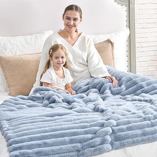 Cozy Bliss Faux Fur Throw Blanket for Couch, Cozy Warm Plush Striped Blanket for Sofa Bedroom Living Room, 108 * 90 Inches Light Blue