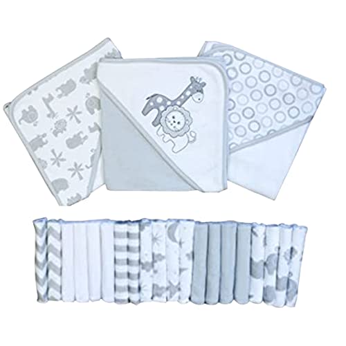 Spasilk Bath Hooded Towels & Baby Washcloths Set, Baby Bath Essentials for Everyday Use, 23-Piece Gift Set, Gray Lion
