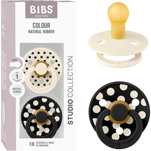 BIBS Polka Dots Pacifier 2-Pack, BPA Free Pacifiers with a Round Latex Nipple, Made in Scandinavia, Size 1 (0-6 Months), Ivory/Black