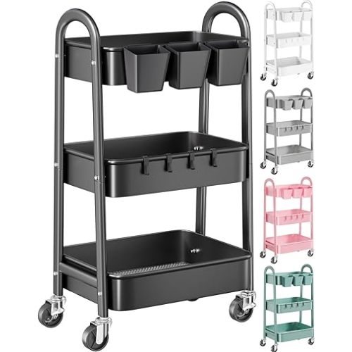 3 Tier Metal Rolling Cart with Lockable Wheels, Black Three Tiered Utility Storage Organizer Carts on Wheels for Bathroom, Kitchen, Laundry, Garage, Office, Craft, Art, Baby, Diaper Caddy, Snack, Book