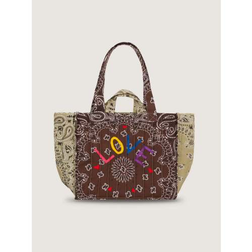 Medium Quilted Tote Bag - LOVE - Brown / Beige