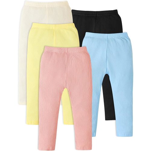 5 Pack Baby Girl Pants: Infant Solid Ribbed Pants Soft Cotton Pull On Leggings for Toddler 0-48 Months