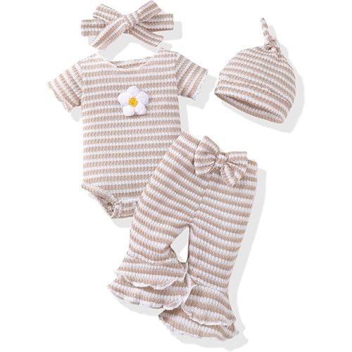 Renotemy Preemie Newborn Baby Girl Clothes Infant Short Sleeve Romper Summer Outfits Gifts for Girls Bell Bottoms Pants Set