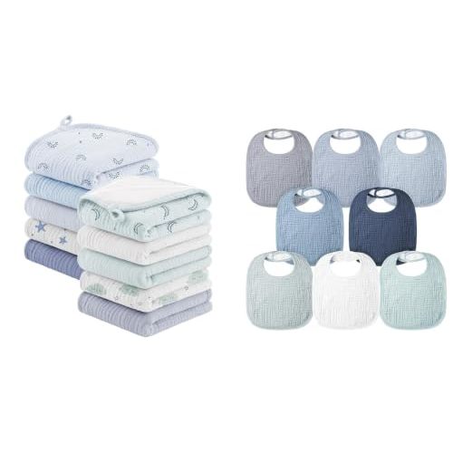 10 Pack Muslin Burp Cloths & 7 Pack Baby Bibs for Drooling and Teething