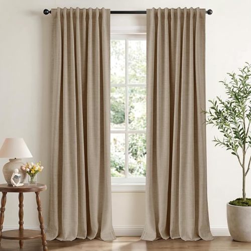 INOVADAY 100% Blackout Curtains 84 Inches Length 2 Panels Set, Back Tab/Rod Pocket Linen Black Out Curtains for Bedroom, Thermal Insulated Window Drapes - Taupe, W50 X L84