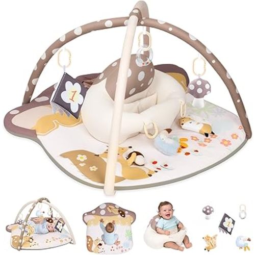 Baby Play Mat & Baby Seats for Infants for Sitting Up | Tummy Time Gym Activity Mat with 5 Detachable Toys for Stage-Based Sensory | Babies Essentials Gift for Newborn Infant 0-3-6-9-12 Months (Beige)