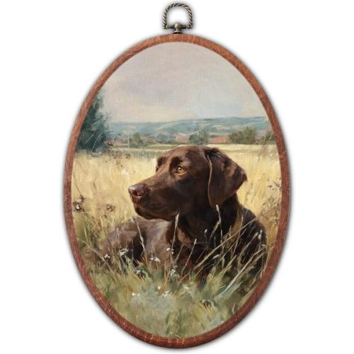 Lulavo Vintage Labrador Retriever Round Wall Art, Chocolate Lab Framed Round Wall Decor, Farmhouse Countryside Lab Dog Hanging Canvas Prints for Bedroom Living Room Decoration, 8.6x11.4 Inch