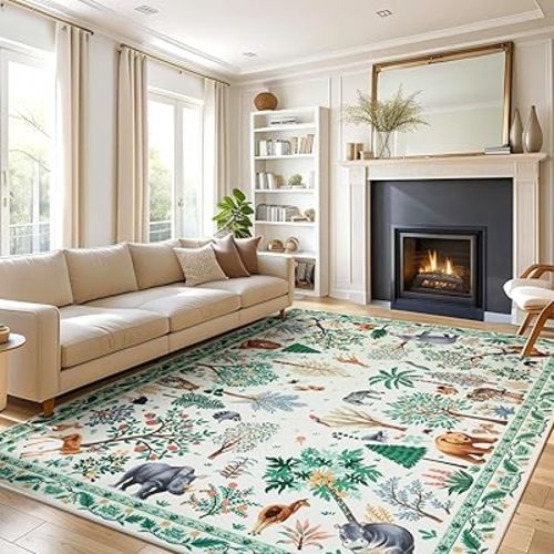 9x12 Area Rug for Living Room Nursery Jungle Animal Print Rug for Kid Boy Playroom Large Rug Non Slip Carpet for Bedroom, Farmhouse, Dining Room, Beige