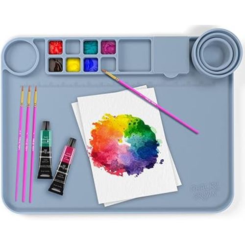 CHALKY CROWN - Silicone Art Mat with Cup for Crafts - Silicone Painting Mat - Thick Large Artist Mat with Cup & Raised Edge for Painting 17.7"x13.7" - Blue