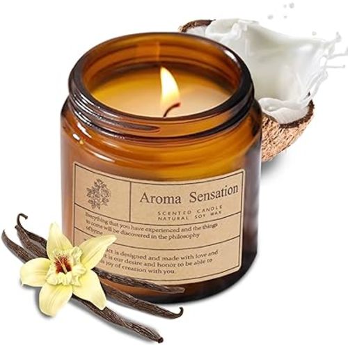 Organic Coconut Vanilla Candles - Non Toxic Soy Candles for Home, Stress Relief & Meditation (7oz)