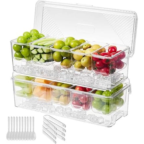 Ice Chilled Condiment Caddy,Stackable Chilled Condiment Containers,Serving Platters with Lid and 5 Removable Compartments,Set of 5 Serving Spoons & 2 Clips (2pack)