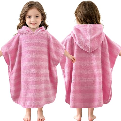 Toddler Beach Towels with Hood, Oversized (2-4Years,21"X21") Made from 100% Soft Cotton,Absorbent Hooded Poncho Towel for Baby Girl,Perfect for Pool | Swimming | Bath | Beach,Jacquard Pink Stripe