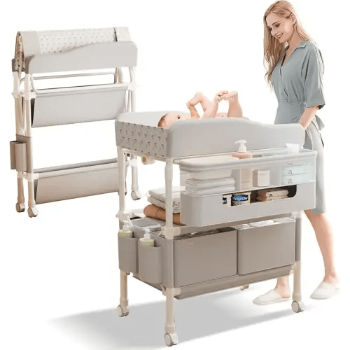 Baby Changing Table, Versatile Folding Changing Table with 2 Drawers, Portable Baby Diaper Changing Station with Toy Holder, Adjustable Height Mobile Nursery Diaper for Infant and Newborn