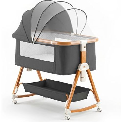 Spacelog 3 in 1 Baby Bassinet Bedside Sleeper - Adjustable Height Bedside Bassinet with Rocking Mode, Thick Mattress, Incline Setting, Mosquito Net & Toy Arch, for Newborns and Infants