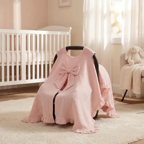 Tegeme Pink Baby Carseat Cover with Bow 100% Cotton Car Seat Canopy Cover 32 x 44 Inches Soft Breathable Canopy for Girls Boys Stroller and Cart Carseat Nursing Covers for Newborn