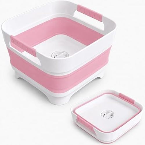 Collapsible Dish Basin with Drain Plug, 2.4 Gal 9L Foldable Wash Basin, Portable Sink Tub for Kitchen, Baby Bottles, Camping, RV, Vegetable Washing and Beverage Tub, Pink