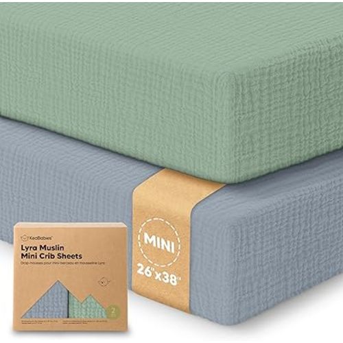 2-Pack Muslin Mini Crib Sheets for Boys, Girls - 38x26 Pack and Play Sheets Fitted, Organic Cotton, Compatible with Graco Pack N Play Mattress, Neutral Toddler Playard Bedding, Soft Breathable (Slate)