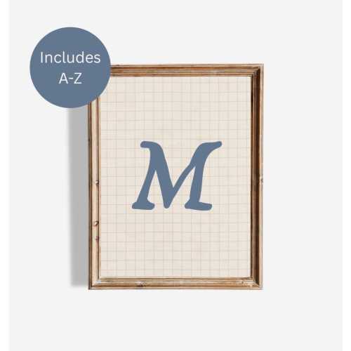 Vintage Beige Initial Print Gingham, Boy Nursery Art Personalized, Initial Wall Decor, Cottagecore Toddler Room, Monogram, Sports Room Print