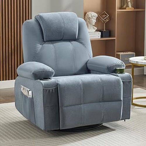 Weture Swivel Rocker Recliner Chair with Heat and Massage, Big Oversized Rocking Single Sofa for Living Room, 360 Degree Swivel Recliner Chair with USB Port and Cup Holders (Fabric, Blue)