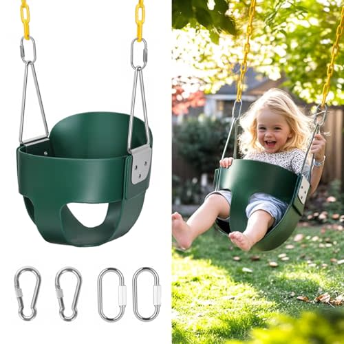 High Back Full Bucket, Toddler Swing with Coated Chains & Triangle Dip Pinch Protection for Safety, Baby Swing Outdoor with Locking Buckles, Toddler Bucket Swing for Backyard, Playground, Green
