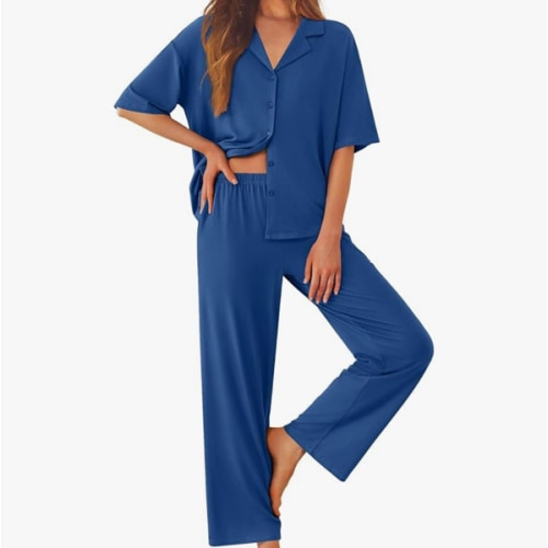 Ekouaer Women Pajamas Set Button Down Sleepwear Short Sleeve Pjs Soft Comfy Nightwear with Long Pants S-XXL
