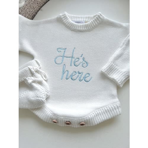Embroidered Knit Newborn Romper: "He's Here" Cotton Outfit
