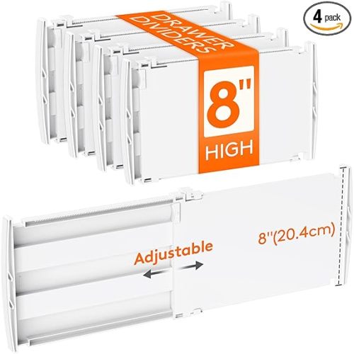 Lifewit 8" Tall 4 Pack Drawer Dividers, 35-56.5cm/13.8-22.2" Expandable Drawer Divider for Clothes, Adjustable Dresser Drawer Organizers, Drawers Separators for Dresser/Bathroom/Closet/Kitchen White