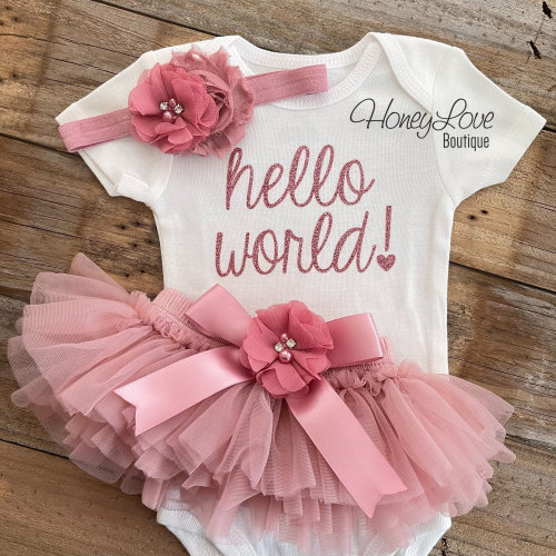 Hello World Newborn Girl Outfit, Baby Girl Coming Home Hospital Outfit, Newborn Photo Outfit, Baby Shower Gift, Dusty Pink Mauve Rose Gold