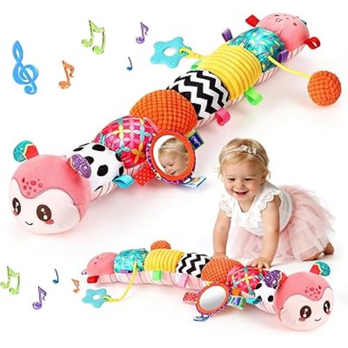 Baby Sensory Toys for 0-6 6-12 Months, Musical Stuffed Caterpillar Animal Toys for Infant 3 6 9 12 18 Months, Tummy Time Toys with Mirror Rattle Crinkle for Newborn Boys Girls Shower Gifts