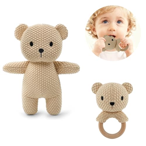 10" Crochet Bear Stuffed Animal with Rattle, Pure Cotton Soft Crochet Doll Plush Toy for Newborn, Handmade Baby Shower Gift & First Birthday Gift