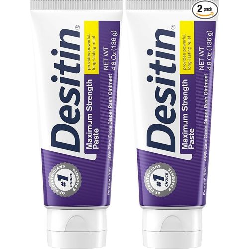 Desitin Maximum Strength Baby Diaper Rash Cream, 40% Zinc Oxide for Treatment, Relief & Prevention, Hypoallergenic, Phthalate- & Paraben-Free Paste, Protects Skin for 12 Hours, 4.8 oz (Pack of 2)