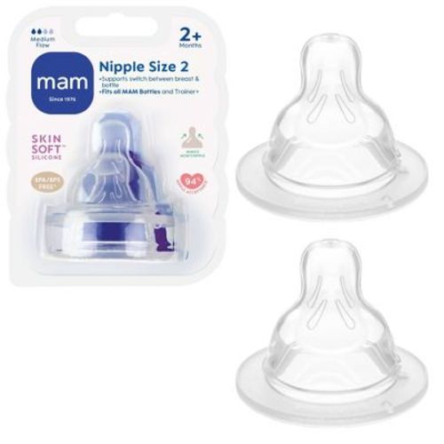 MAM Medium Flow Bottle Nipples - 2pk: Silicone, BPA-Free, Level 2, Compatible With MAM Bottles
