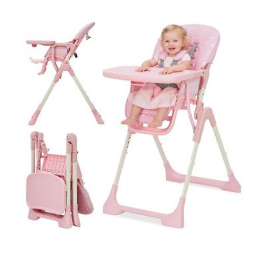 Pink Foldable Baby High Chair with Adjustable Height, Backrest, Footrest & Removable Tray