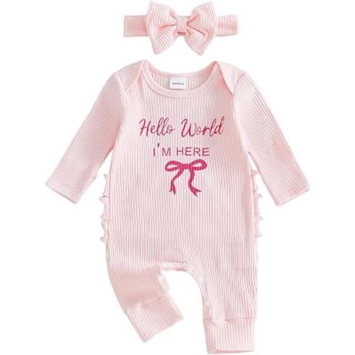 Honganda Newborn Baby Girl Coming Home Outfit Hello World I'm Here Jumpsuit Long Sleeve Ruffle Knit Romper with Headband