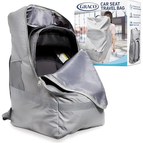 Graco Padded Car Seat Travel Bag & Infant Carrier Backpack, Durable Large Back Pack for Carseats & Booster Seats, Airport Gate Check Bag Luggage, Double Padded Strap, Water Resistant Material, Gray