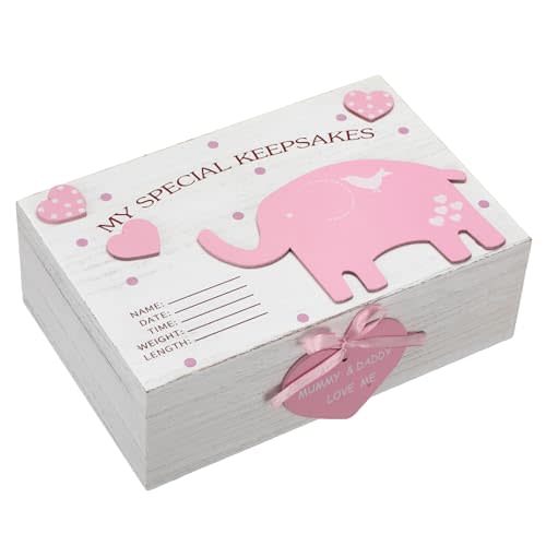 Soaoo 3D Wooden Baby Boys Memories Keepsake Box Baby Girls Elephant First Keepsake Box New Parent Newborn Baptismal Birthday Gift for Mementos 11.81'' x 7.87'' x 3.94''(Pink)