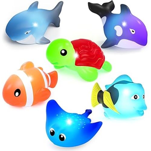 Light Up Bath Toys,No Hole Mold Free Baby Bath Toys,Ocean Animal Water-Activated Lights Flashes and Change Color,Sensory Lights Toys for Babies and Toddlers,Bathtub,Shower,Water Table, Pool