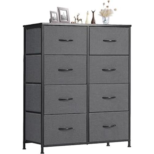 Sweetcrispy Dresser for Bedroom, Fabric Dresser with 8 Drawers, Tall Double Dresser, Chest of Drawers for Closet, Living Room, Sturdy Steel Frame, Wooden Top, Easy Pull Handle, Grey