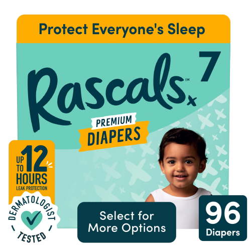 Rascals Premium Absorbent Baby Diapers Size 7, 96 Count, with 2 CoComelon Potty Training Pants