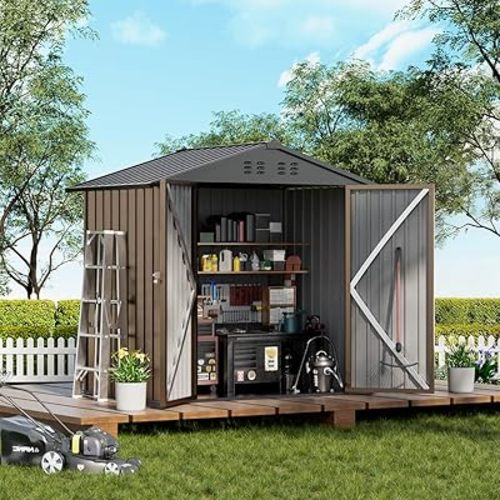 COMHOMA Shed Outdoor Storage Shed Metal,Lockable Doors Tool Sheds with Sloping Roof,Steel Garden Shed with Air Vent for Backyard,Patio,Lawn,Poolside(Brown,6'x4')