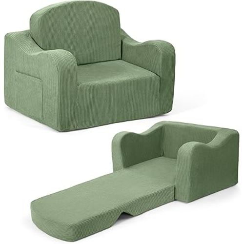Comfy Toddler Chair for Kids, 2-in-1 Toddler Soft Plush Couch Fold Out, Convertible Kids Couch to Lounger, Baby Sofa for Boys and Girls, Green