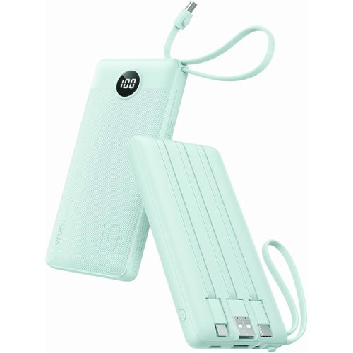 VRURC Portable Phone Charger for iPhone, 10000mAh Power Bank Built in Cables & Lanyard, Slim USB C Battery Bank 5 Outputs for Multi Devices,Travel Essential for College Students Teen Boys Girls-Green