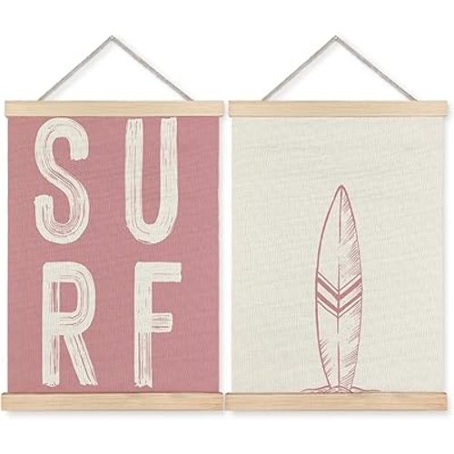 BearCake Surf Room Decor, Coastal Beach Surf Wall Art Poster Hanger Frame, Beach House Decor, Vintage Pink Surfboard Canvas Prints Framed Wall Decor for Home Bedroom Living Room, 12x16 Inch Set of 2