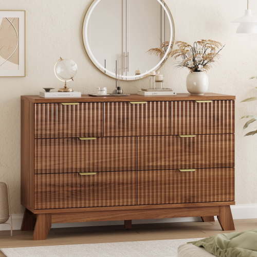FANRAL 7 Drawers Dresser Fluted Dresser for Bedroom,Wooden Chest of Drawers Modern Dresser for Closet,Walnut Dresser