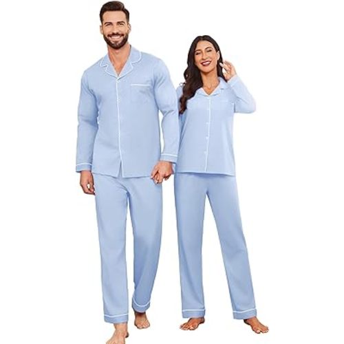 Ekouaer Couple Matching Pajamas 100% Cotton Long Sleeve Sleepwear Button Down Loungewear Pjs Set S-XXL