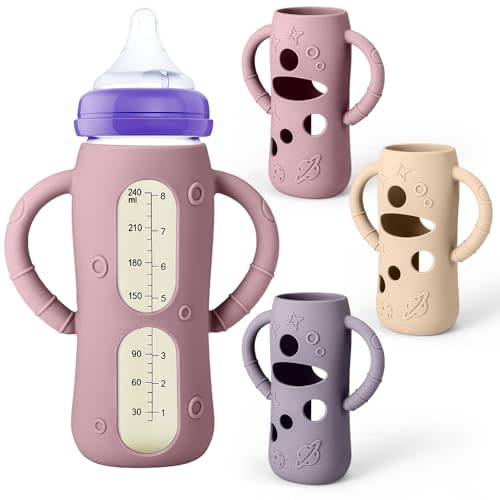 Mity rain 3 Pack Silicone Sleeves for Lansinoh Glass Bottles 8 OZ - Anti Breakage Baby Bottle Holder, Compatible with Lansinoh Glass Bottles for Babies with Handle