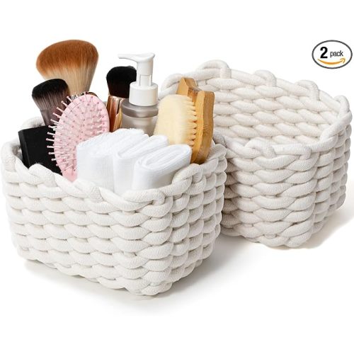 Storage Baskets 2 Pack, Macrame Woven Decorative Baskets for Vanity, Desk, Bathroom & Bedroom Organizer, Small Boho Cotton Rope Bins for Cosmetics, Office Supplies, Cream & Khaki, 7x5.5x5 Inches