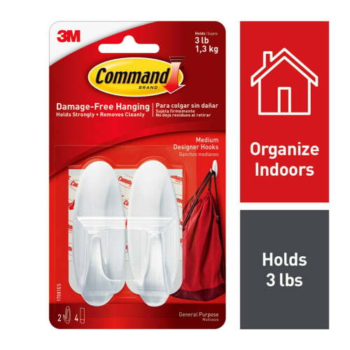 Command Medium Designer Hooks, White, 2 Wall Hooks, Door Coat Storage Holder